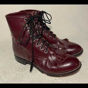 JUSTIN Leather Lace-up Burgundy Boots damage